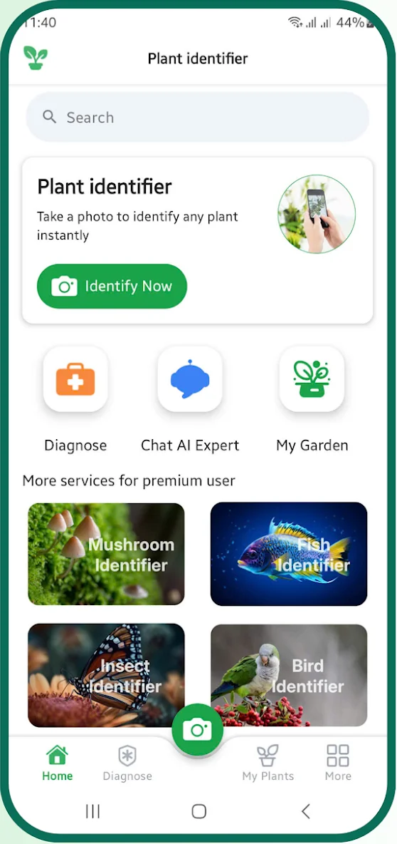 Plant Identifier home screen with Identify Now, Diagnose, Chat AI Expert and My Garden